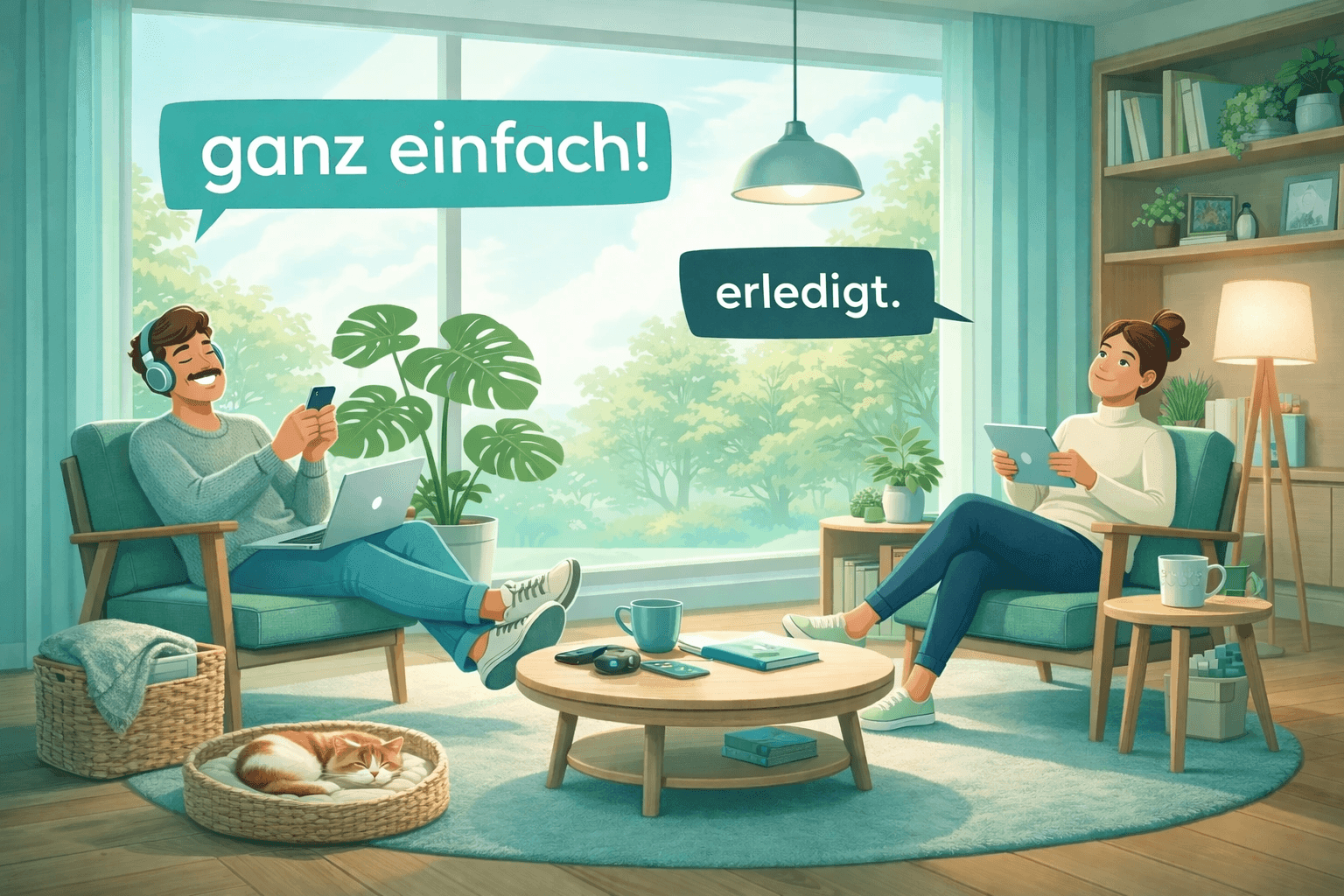 Zwei Unternehmer bei der Erfassung ihrer Umsatzsteuer-Voranmeldung am Laptop und Tablet